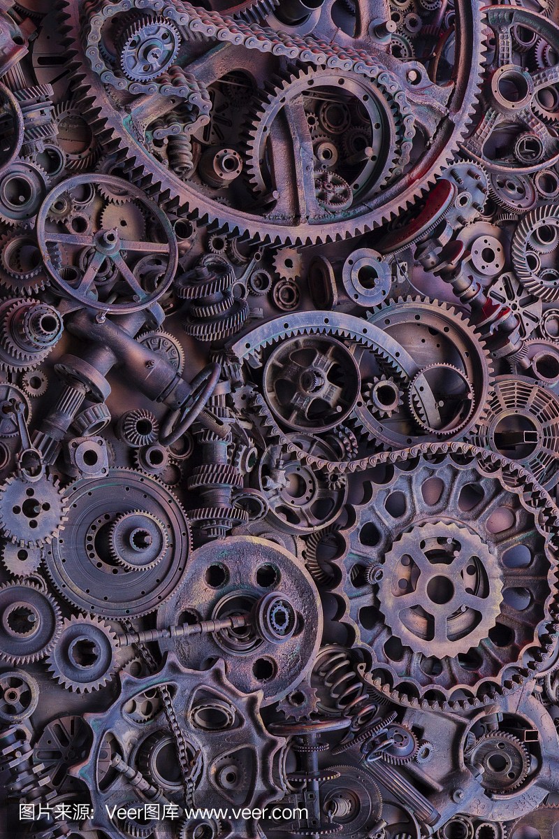 蒸汽朋克背景,機(jī)器零件,大齒輪和鏈條的機(jī)器和拖拉機(jī)。陳舊生銹的機(jī)器和機(jī)械部件。彈簧、軸承、活塞、曲軸、凸輪軸。